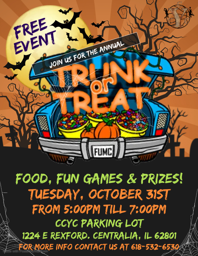 Join us for our annual Trunk or Treat Celebration at CCYC, October 31st at 5pm! We will be providing treats, prizes, a bounce house, music, and lots of fun! This event is free and open to the public. Bring your best costume! Donations for candy are accepted if unopened.
https://www.facebook.com/events/121665521033726/